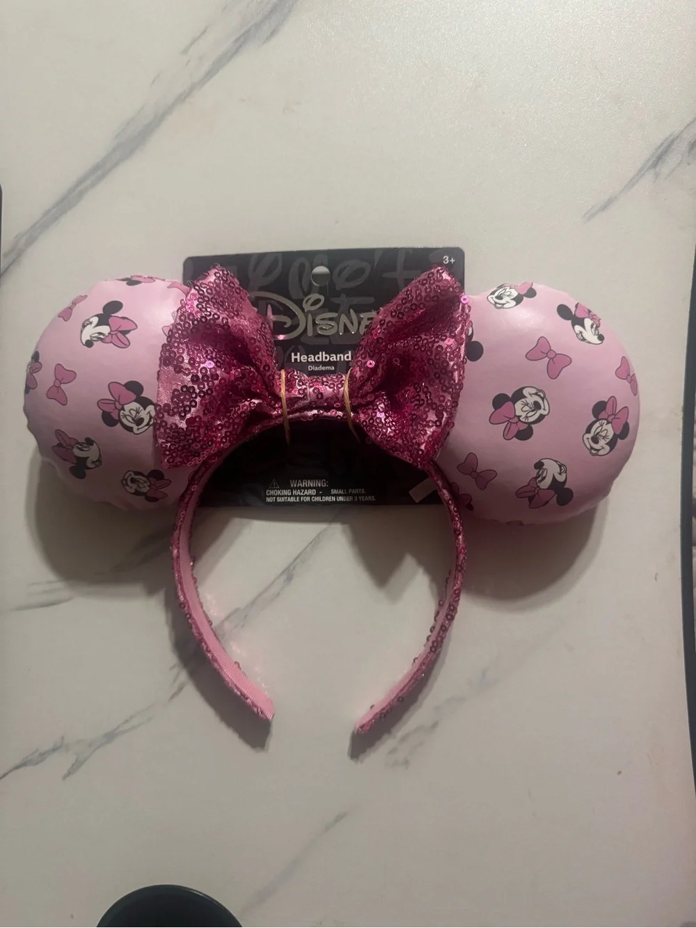 Disney Minnie Mouse Light Pink Ears Headband with Magenta Sequin Bow